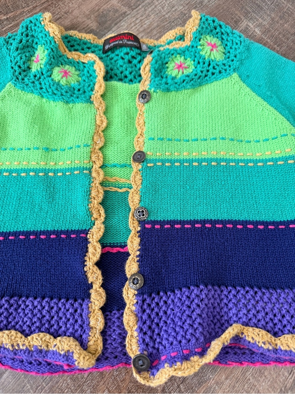Catimini Green, Teal & Yellow Crochet-Trim Cardigan - Picture 4 of 9